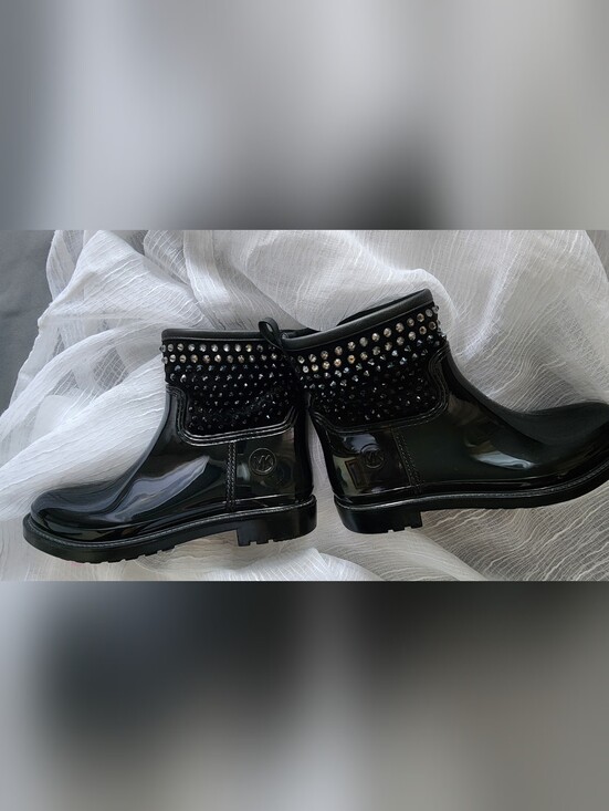 Michael Kors Shoes - Michael Kors Dani Black Lined Rhinestone Studded Ankle Rain Boots Size 6